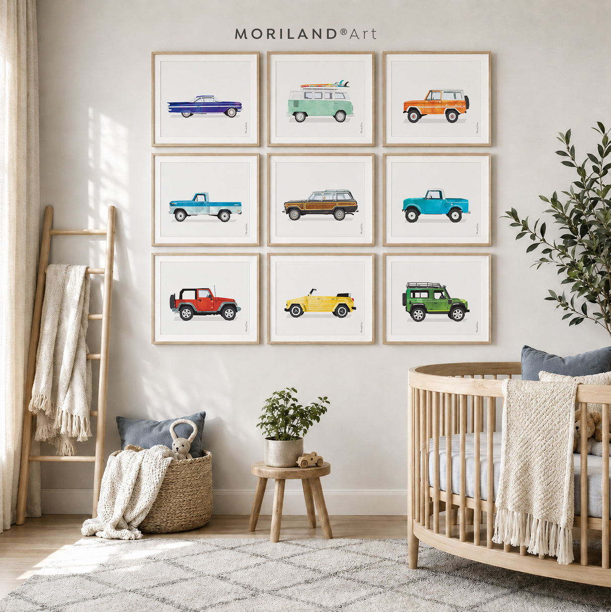 Set of nine classic vehicle printable wall art prints displayed in a modern neutral nursery