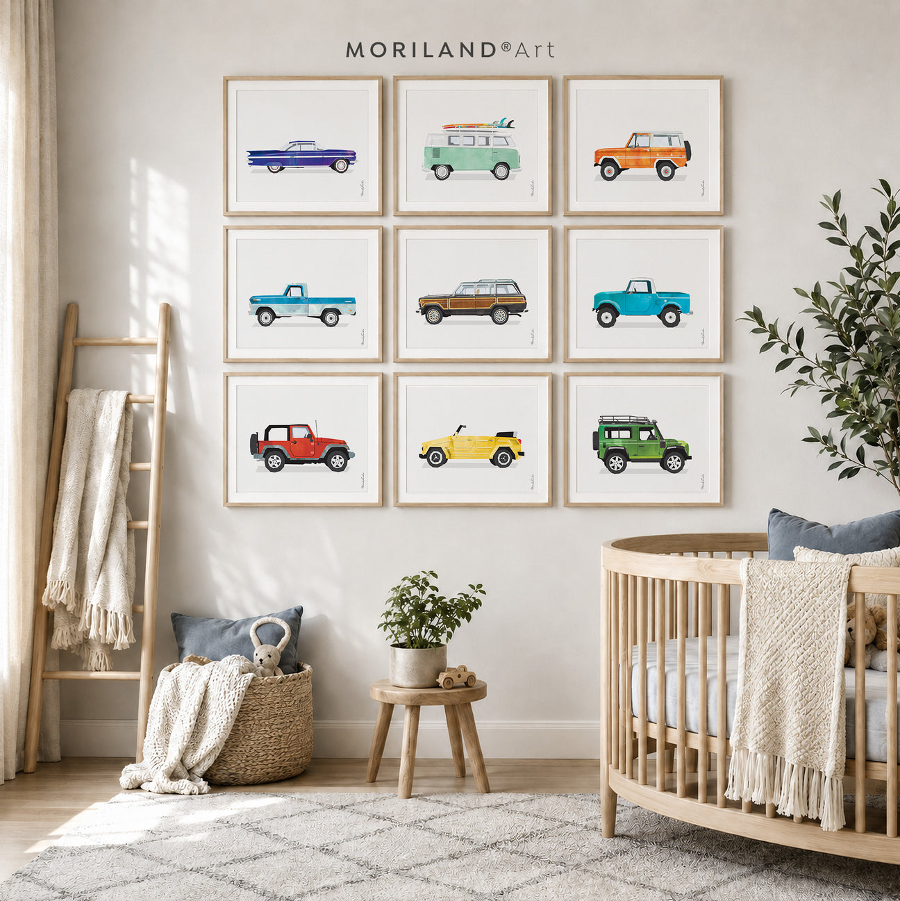 Set of nine classic vehicle printable wall art prints displayed in a modern neutral nursery