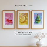 Glam Fruit Prints Set – glitter banana, pear, and cherry wall art trio in modern colorful style, digital printable kitchen decor. Disco Fruit