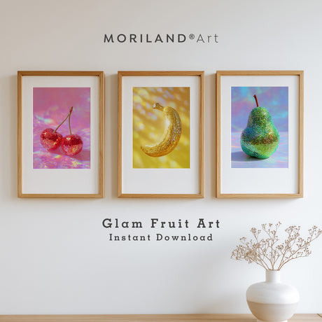 Glam Fruit Prints Set – glitter banana, pear, and cherry wall art trio in modern colorful style, digital printable kitchen decor. Disco Fruit