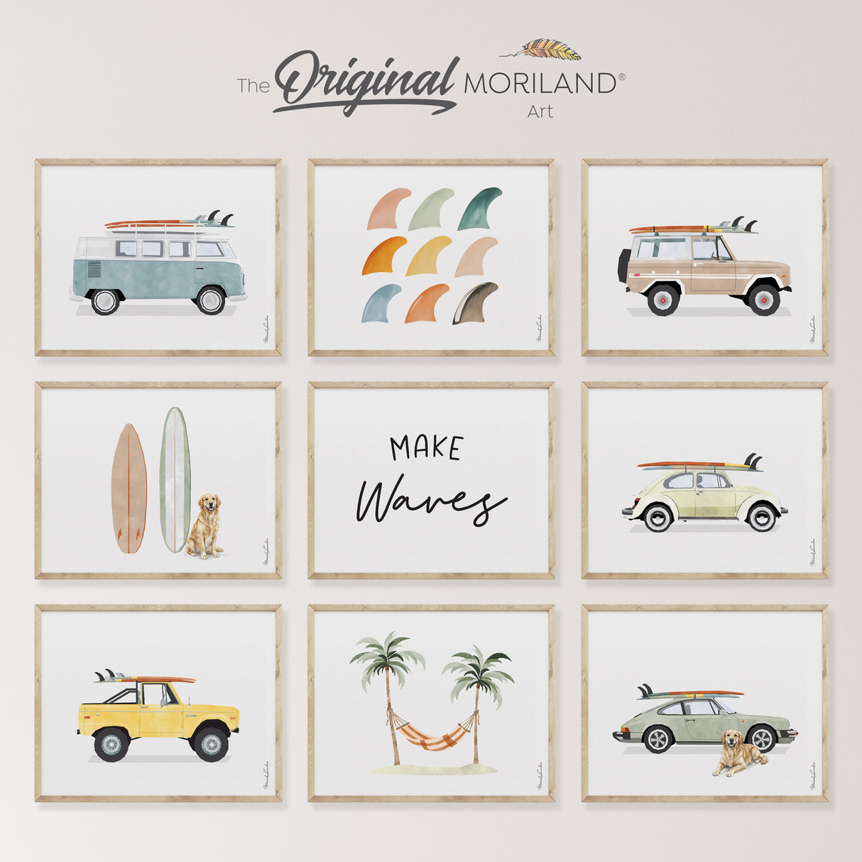 A 9-piece coastal gallery wall art set by MORILAND titled Surf-Vibe-Art-Set199-MORILAND.jpg, featuring watercolor vintage cars, surfboards, palm trees, and golden retrievers in light wood frames.