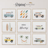 A 9-piece coastal gallery wall art set by MORILAND titled Surf-Vibe-Art-Set199-MORILAND.jpg, featuring watercolor vintage cars, surfboards, palm trees, and golden retrievers in light wood frames.