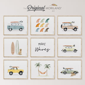 A 9-piece coastal gallery wall art set by MORILAND titled Surf-Vibe-Art-Set199-MORILAND.jpg, featuring watercolor vintage cars, surfboards, palm trees, and golden retrievers in light wood frames.