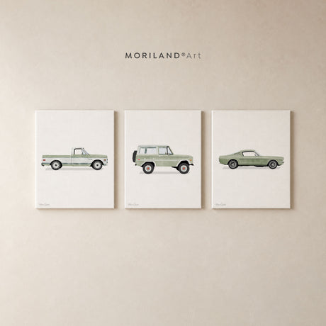Three wrapped canvases featuring vintage sage green pickup truck, SUV, and sports car artwork arranged as a set on a neutral wall.