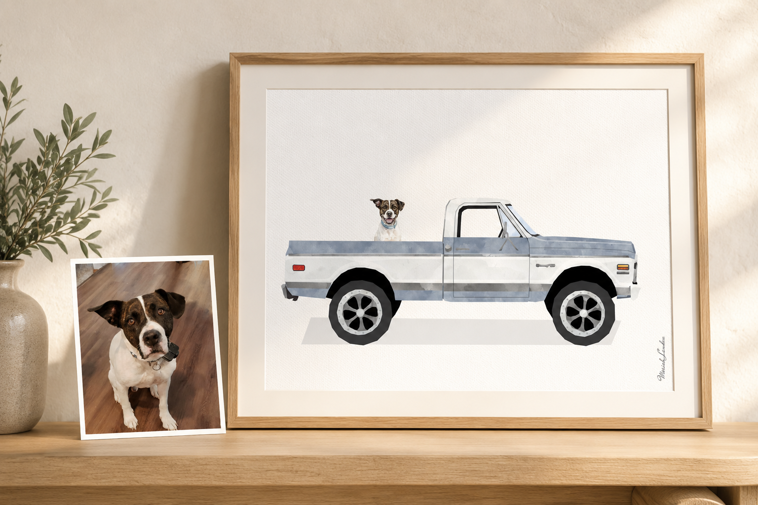 Custom pet memorial portrait of a black-and-white dog in a vintage pickup truck, created by MORILAND from a customer photograph.