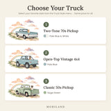 Truck style options for a custom dog memorial print: two-tone 70s pickup in pale blue and white, open-top vintage 4x4 in pale blue, and classic 50s pickup in sage green, each with a dog riding
