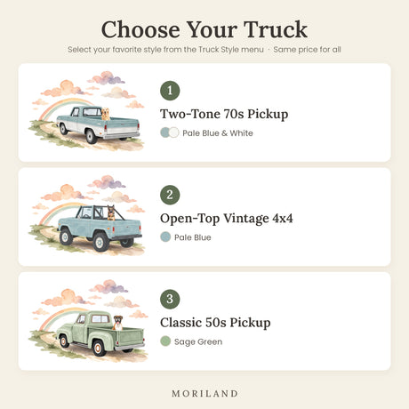 Truck style options for a custom dog memorial print: two-tone 70s pickup in pale blue and white, open-top vintage 4x4 in pale blue, and classic 50s pickup in sage green, each with a dog riding