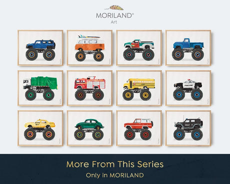 MORILAND monster truck printable wall art collection featuring twelve vintage vehicles