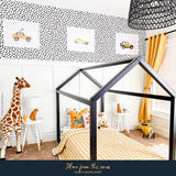 MORILAND vehicle wall art displayed in a yellow and black kids bedroom