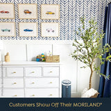 Customer nursery with framed MORILAND vintage car prints above a white dresser