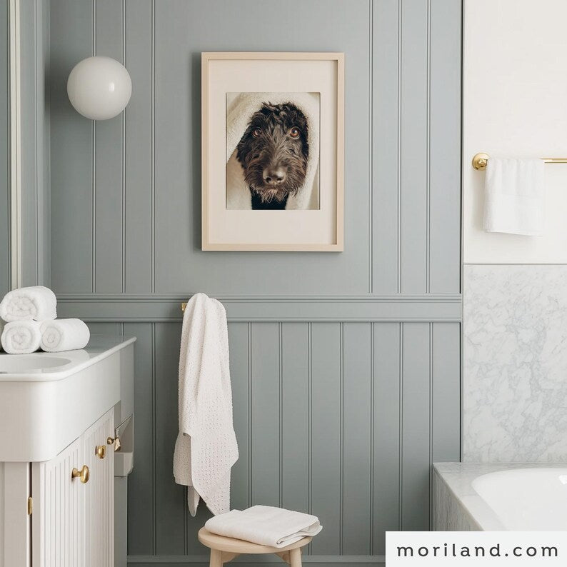 Black Labradoodle bathroom printable wall art displayed in a modern bathroom – MORILAND