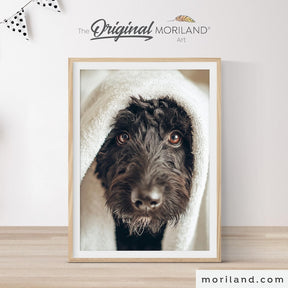 Black Labradoodle bathroom printable wall art with dog wrapped in a white towel – MORILAND