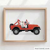Patriotic Golden Retriever in red 4x4 with American flag printable wall art