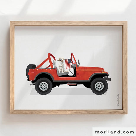 Patriotic Golden Retriever in red 4x4 with American flag printable wall art