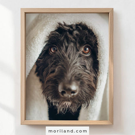 Close-up Black Labradoodle towel bathroom wall art in a light wood frame – MORILAND