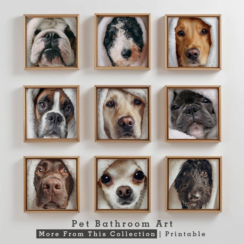 Pet bathroom art collection with nine towel-wrapped dog portraits – MORILAND