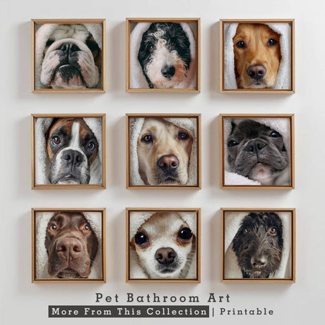 Pet bathroom art collection with nine towel-wrapped dog portraits – MORILAND