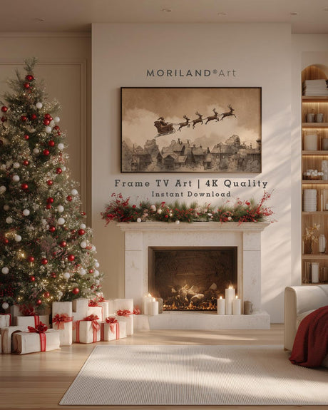 Sepia Santa Sleigh Over Village Frame TV Art – Vintage 4K – product image 2
