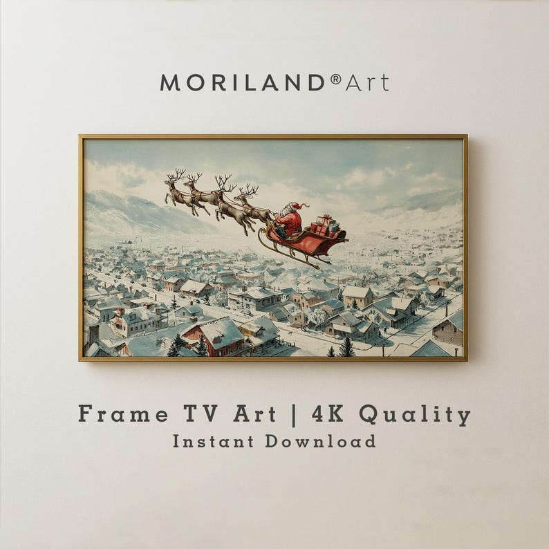 Santa Sleigh Over Snowy Town Frame TV Art – Vintage 4K by MORILAND