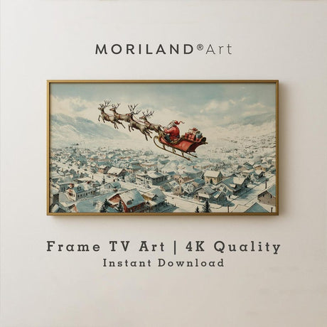 Santa Sleigh Over Snowy Town Frame TV Art – Vintage 4K by MORILAND
