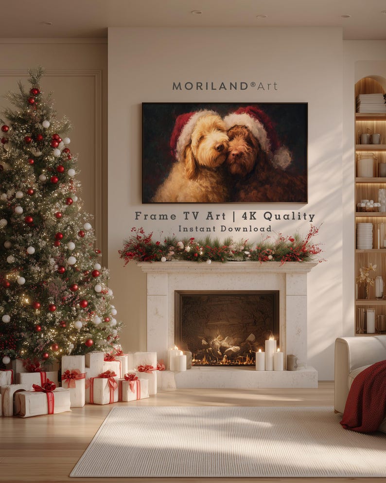Christmas Goldendoodle Dogs in Santa Hats Frame TV Art – product image 2
