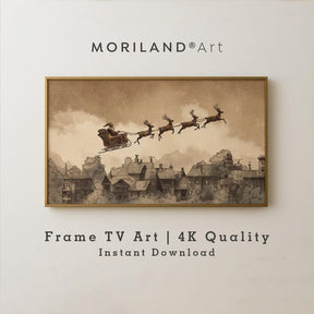 Sepia Santa Sleigh Over Village Frame TV Art – Vintage 4K by MORILAND
