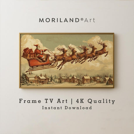 Vintage Santa Sleigh Over Snowy Village Frame TV Art by MORILAND