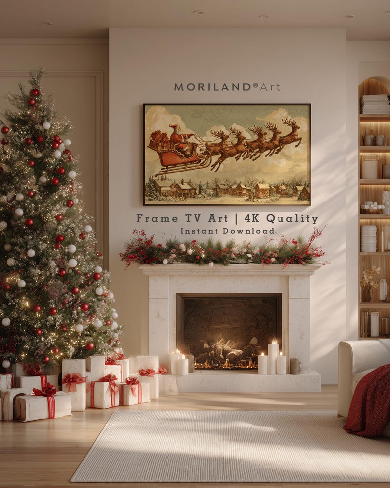Vintage Santa Sleigh Over Snowy Village Frame TV Art – product image 2