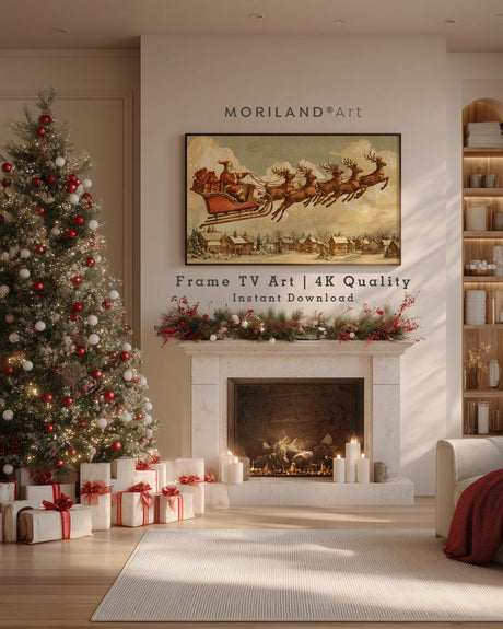 Vintage Santa Sleigh Over Snowy Village Frame TV Art – product image 2