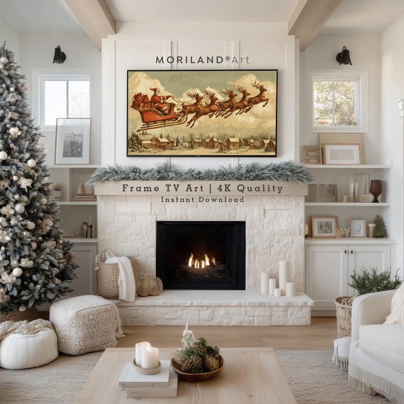 Vintage Santa Sleigh Over Snowy Village Frame TV Art – product image 3