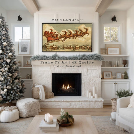 Vintage Santa Sleigh Over Snowy Village Frame TV Art – product image 3