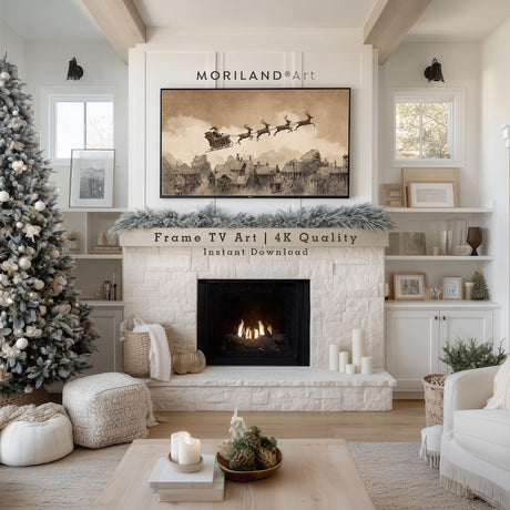 Sepia Santa Sleigh Over Village Frame TV Art – Vintage 4K – product image 3