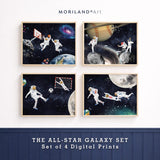 Astronaut sports wall art set of 4 with basketball, baseball, soccer and football space prints