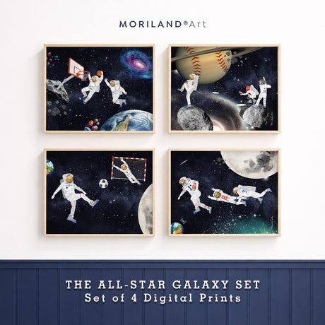 Astronaut sports wall art set of 4 with basketball, baseball, soccer and football space prints