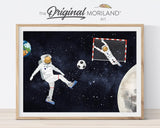 Astronaut soccer wall art with player, goalkeeper and moon in outer space