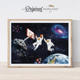 Astronaut basketball wall art with players and hoop in outer space