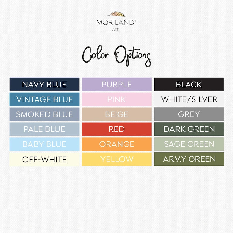 MORILAND custom vehicle color chart with blue, pink, beige, green, red and neutral options