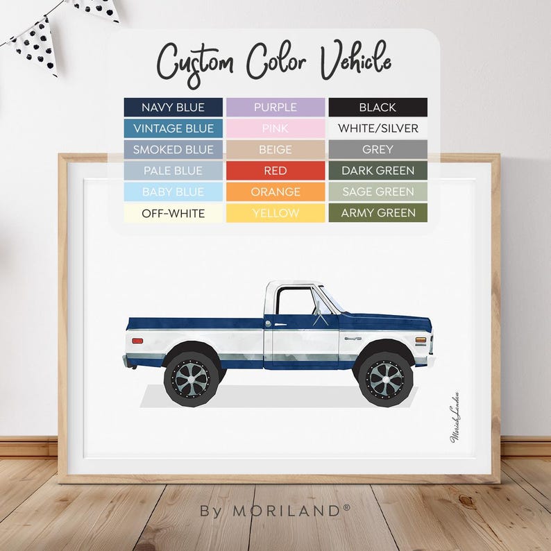 Custom color classic pickup truck printable art with navy blue truck and MORILAND color palette