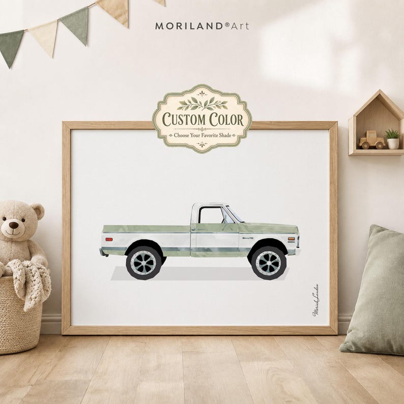 Custom color classic pickup truck printable wall art in sage green for nursery decor by MORILAND