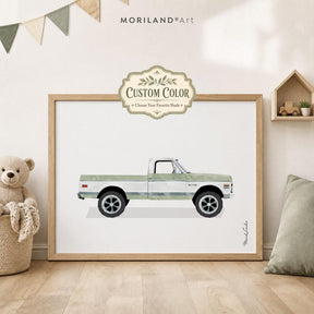 Custom color classic pickup truck printable wall art in sage green for nursery decor by MORILAND