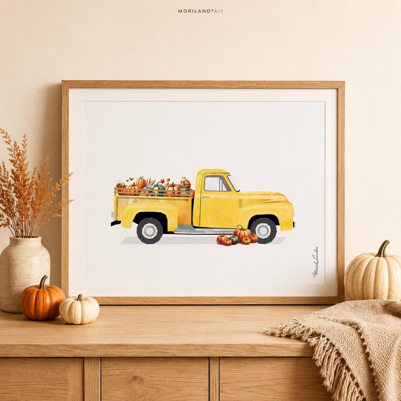 Vintage Yellow Pickup Truck with Pumpkins Printable Wall Art – digital printable wall art by MORILAND