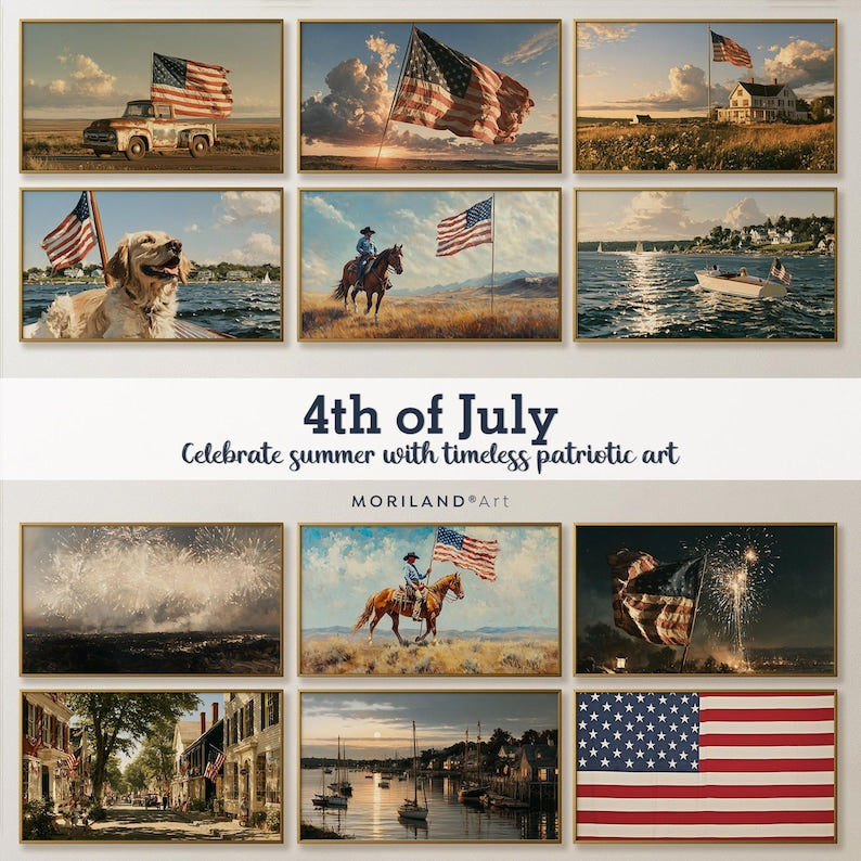 4th of July Frame TV art collection with American flags dogs cowboy boats and fireworks