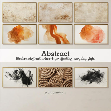 Abstract Frame TV art collection with neutral textures orange watercolor black brushwork and rope