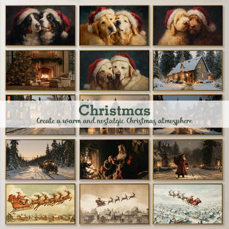 Christmas Frame TV art collection with festive dogs winter landscapes Santa and sleigh