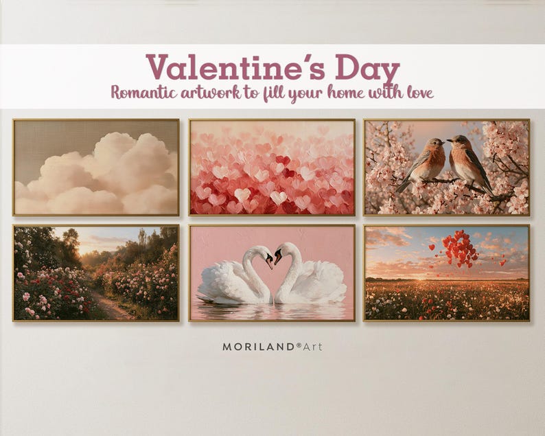 Valentine's Day Frame TV art collection with hearts swans birds and romantic floral scenes