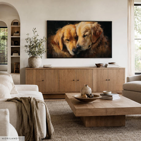 Hugging Golden Retrievers displayed as Frame TV art in neutral living room