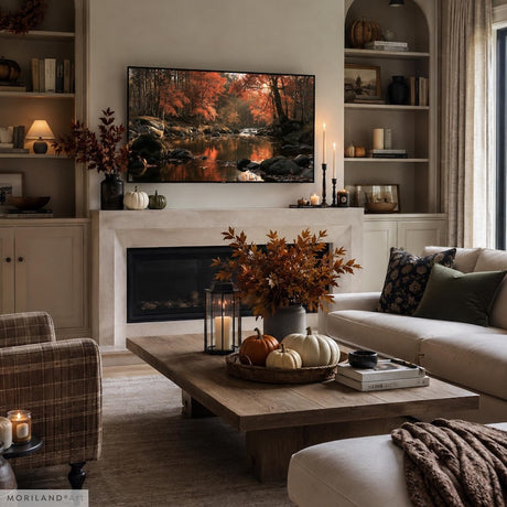 Autumn landscape displayed as Frame TV art in warm fall living room