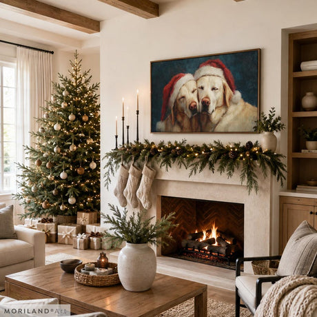 Christmas Frame TV art with two Labrador dogs in Santa hats above fireplace