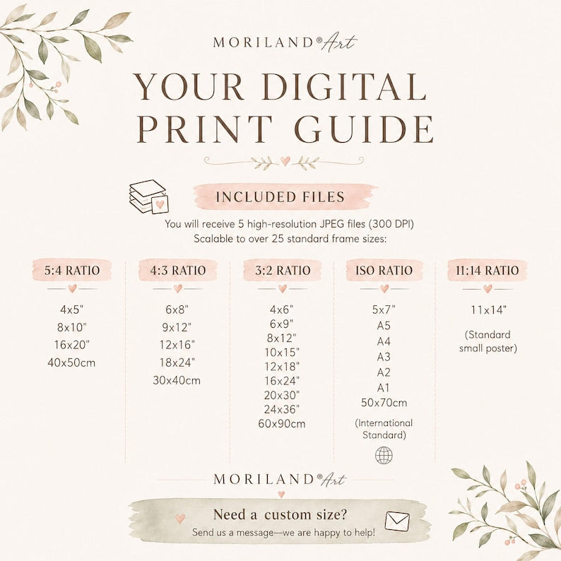 MORILAND digital print size guide for five high-resolution JPG aspect ratios