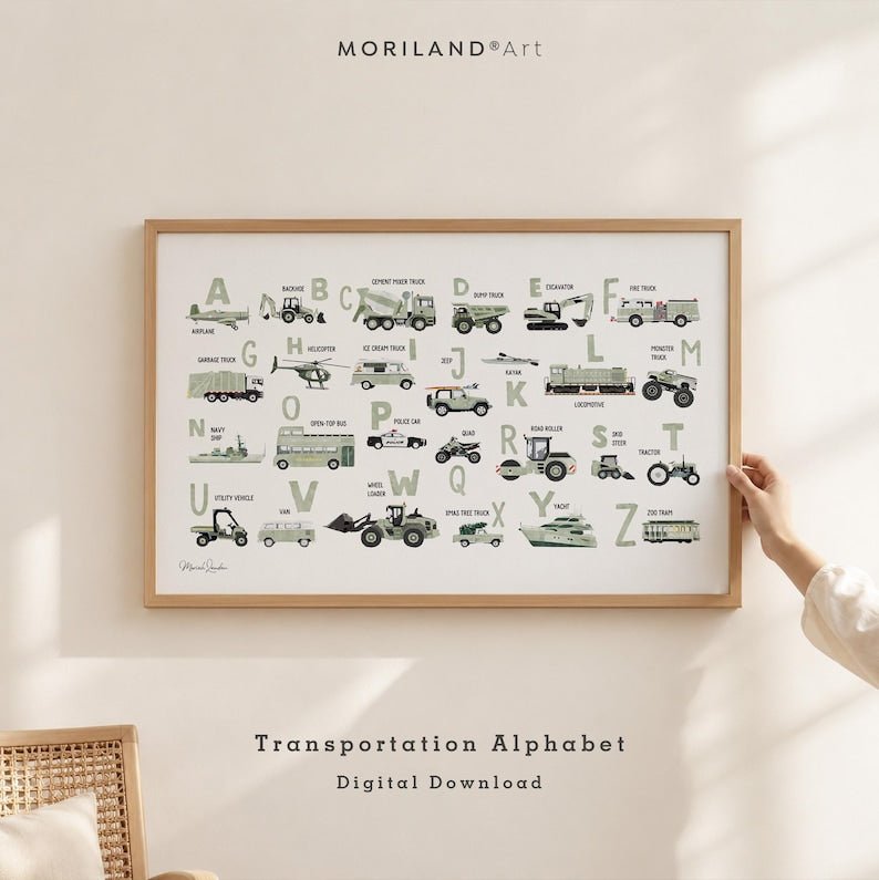 Sage Green Transportation Alphabet Printable Wall Art by MORILAND
